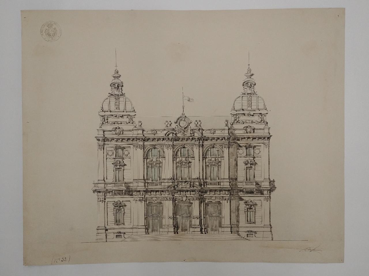 Palazzo per un grande giornale politico quotidiano (stile a scelta. Prova di sviluppo: prospetto frontale), palazzo per un giornale (disegno) di Consonni, Paolo (sec. XX)