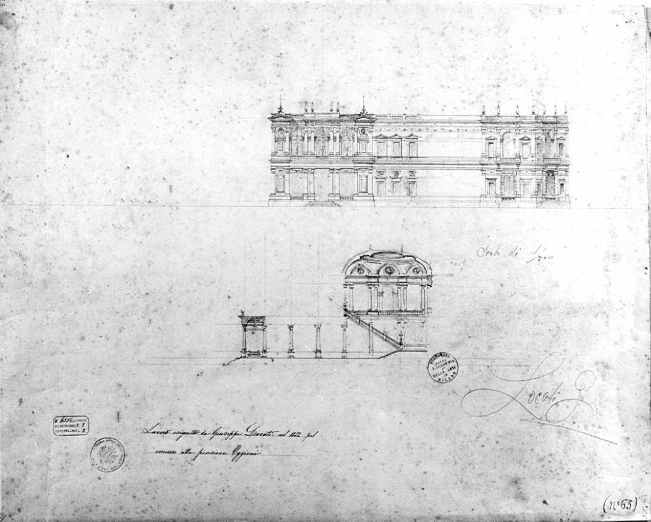 Edifico per una società d'incoraggiamento d'arti e mestieri, architettura: edificio per una società d'Incoraggiamento (particolari di prospetto e sezione di facciata) (disegno) di Locati, Giuseppe Sebastiano (sec. XIX)