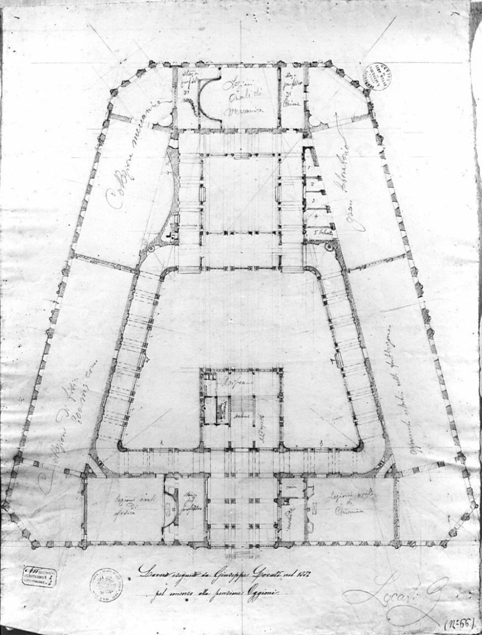 Edifico per una società d'incoraggiamento d'arti e mestieri, architettura: edificio per una società d'Incoraggiamento (pianta del pian terreno) (disegno) di Locati, Giuseppe Sebastiano (sec. XIX)