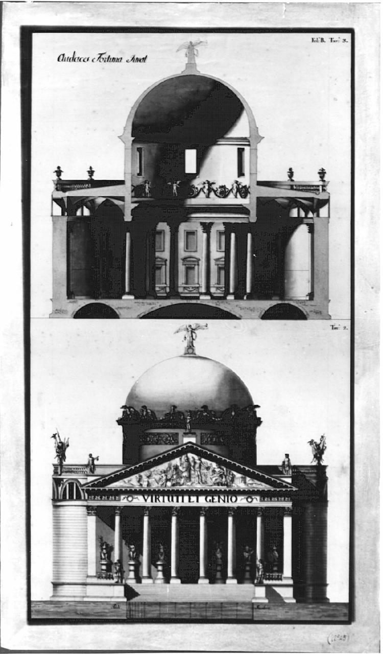 Edificio destinato a conservare le ceneri, a celebrare la memoria degli uomini, che hanno meritato la riconoscenza della patria, architettura: monumento (prospetto) (disegno) - ambito italiano (sec. XIX)