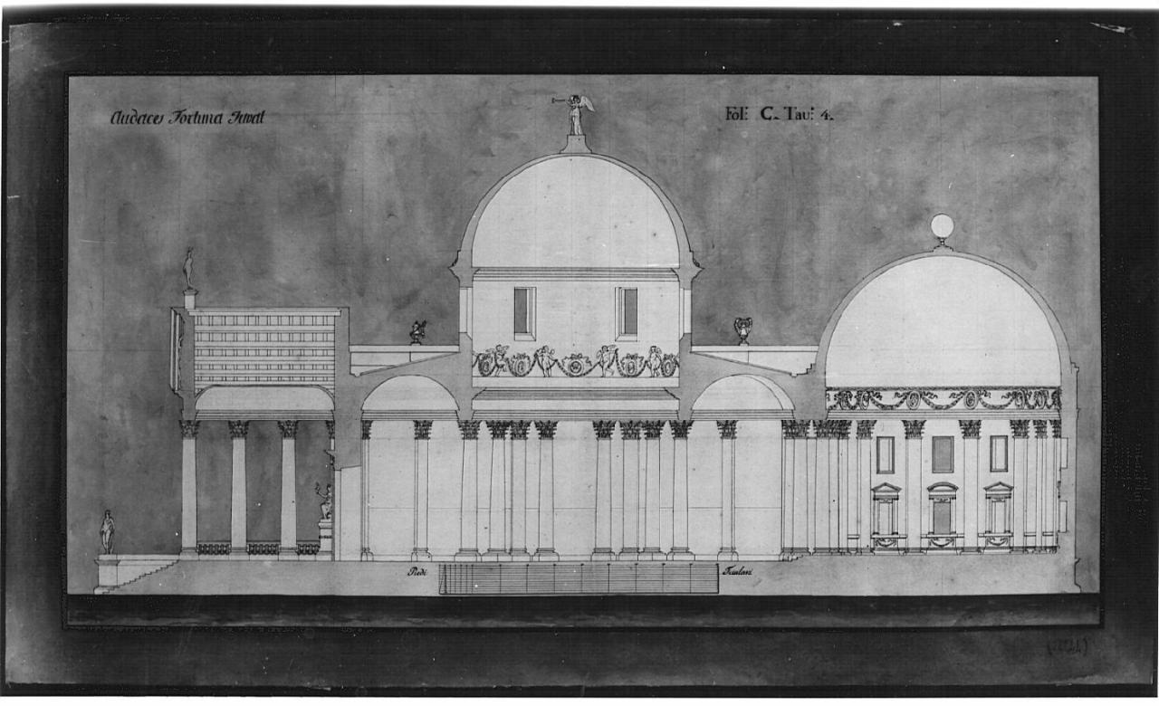 Edificio destinato a conservare le ceneri, a celebrare la memoria degli uomini, che hanno meritato la riconoscenza della patria, architettura: monumento (sezione) (disegno) - ambito italiano (sec. XIX)