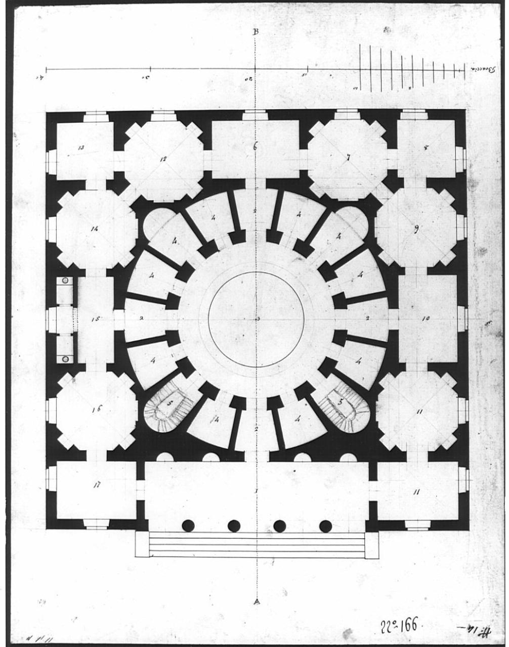 Progetto per bagni pubblici, architettura: bagni pubblici (pianta) (disegno) di Lucini, Gaetano (sec. XIX)