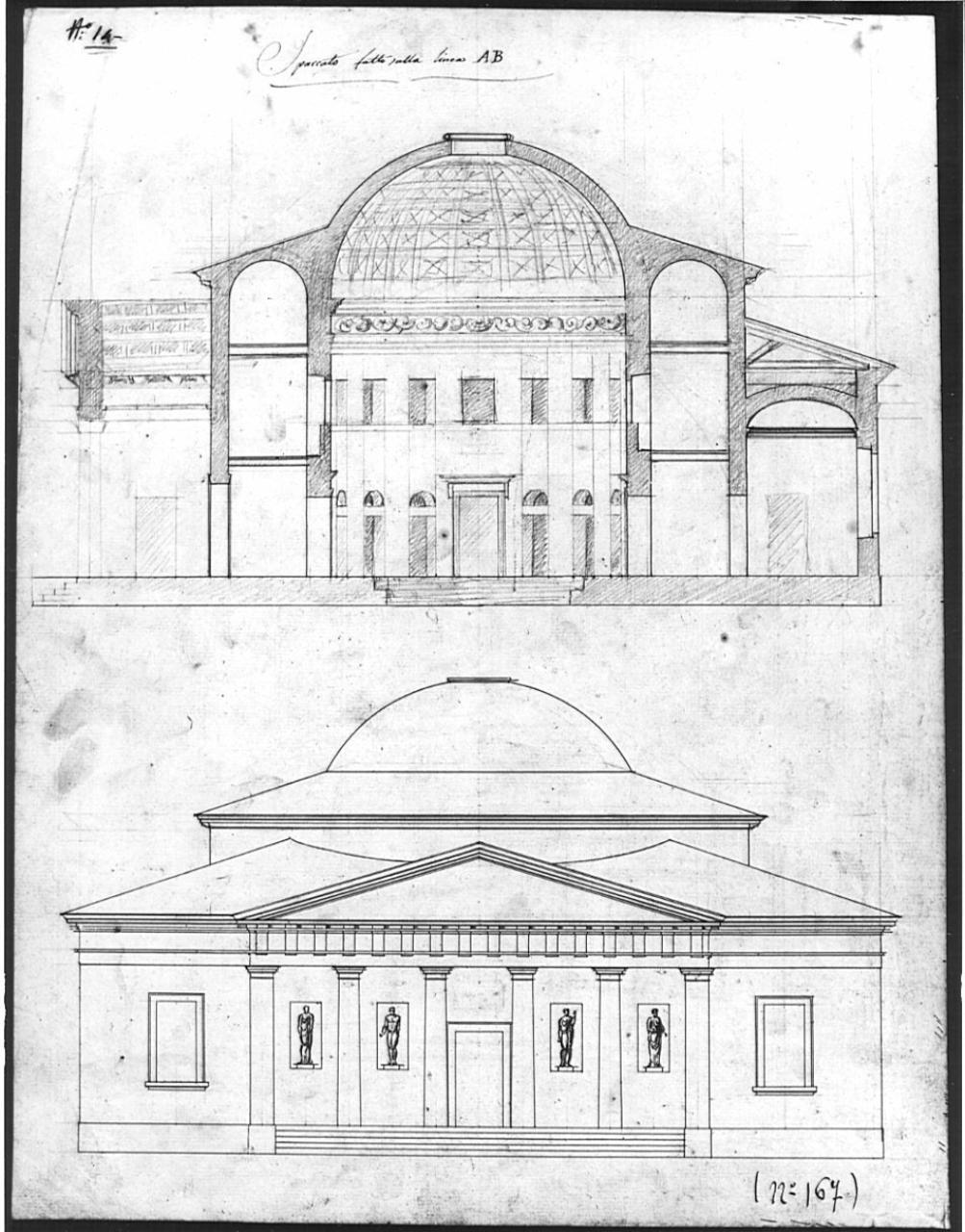 Progetto per bagni pubblici, architettura: bagni pubblici (prospetto e sezione) (disegno) di Lucini, Gaetano - ambito italiano (sec. XIX)