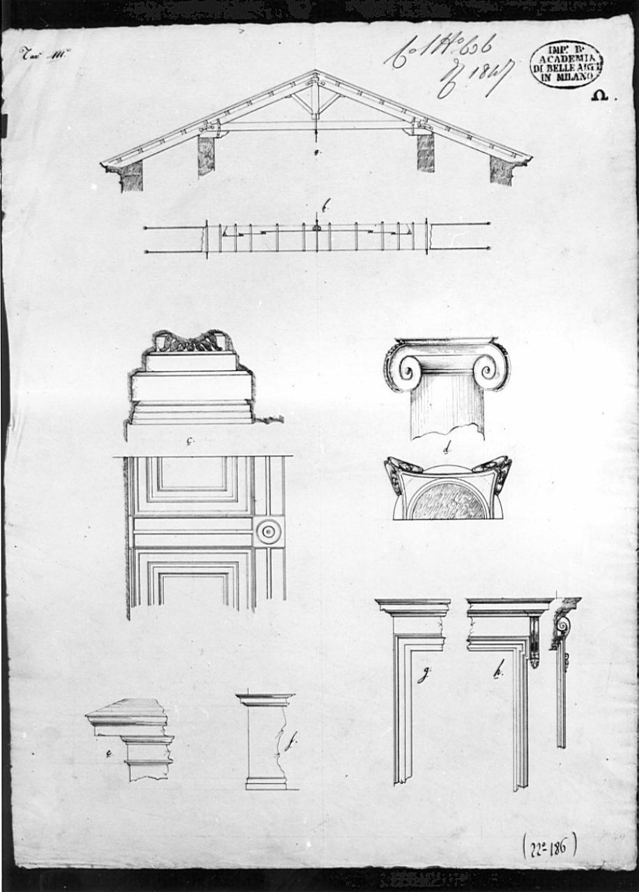 Progetto di un edificio (dettagli), architettura: lacunari, porta (dettagli) (disegno) di Ruggeri, Francesco (sec. XIX)