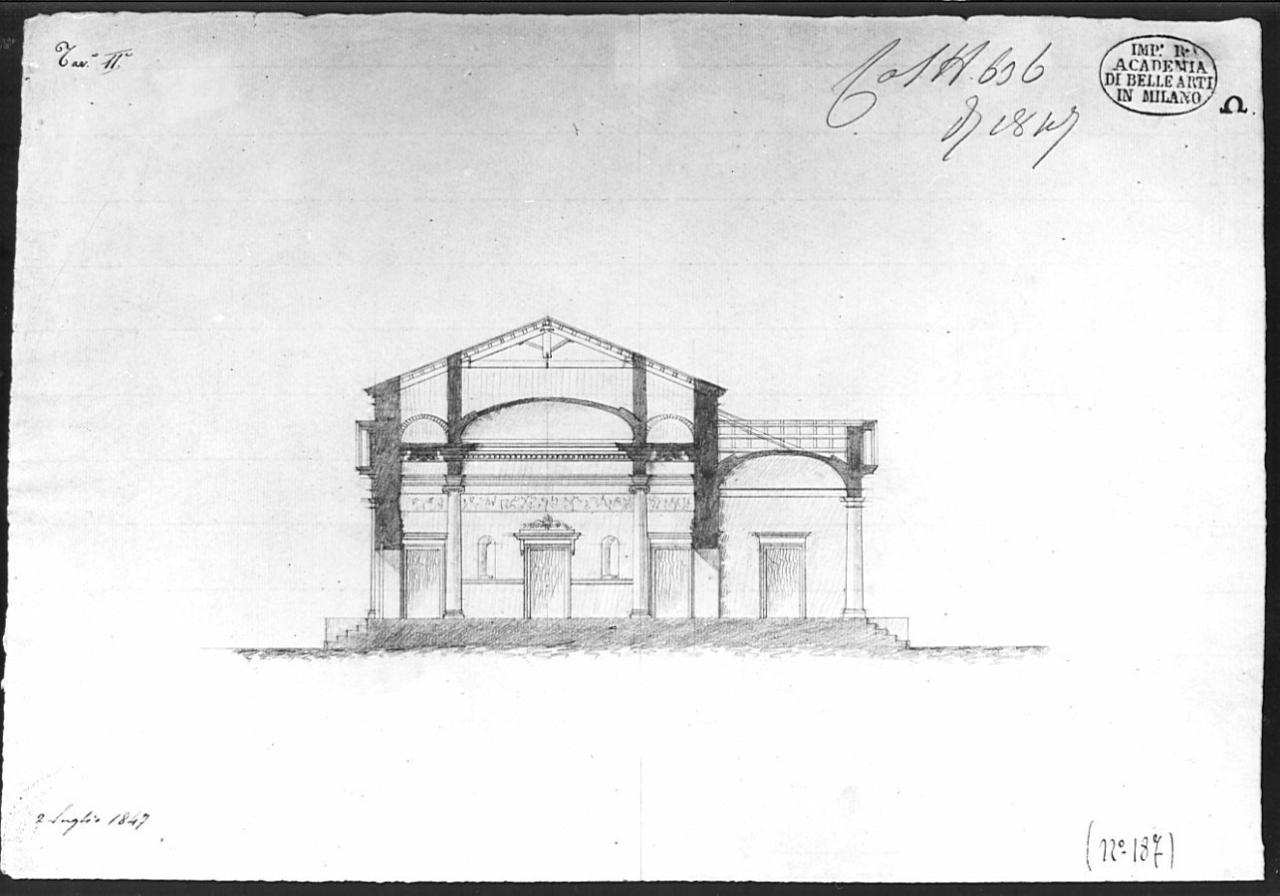 Progetto di un edificio, architettura: edificio (sezione) (disegno) di Ruggeri, Francesco (sec. XIX)