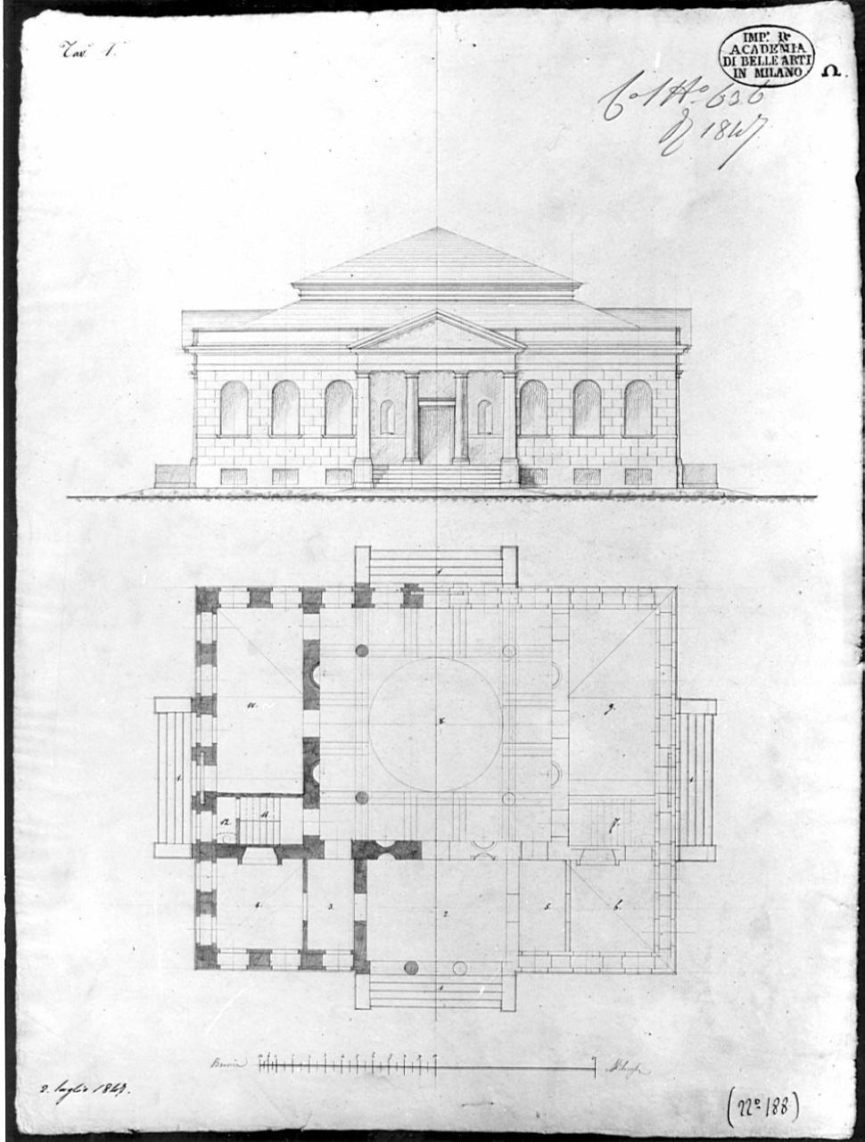 Progetto di un edificio, architettura: edificio (pianta e prospetto) (disegno) di Ruggeri, Francesco (sec. XIX)