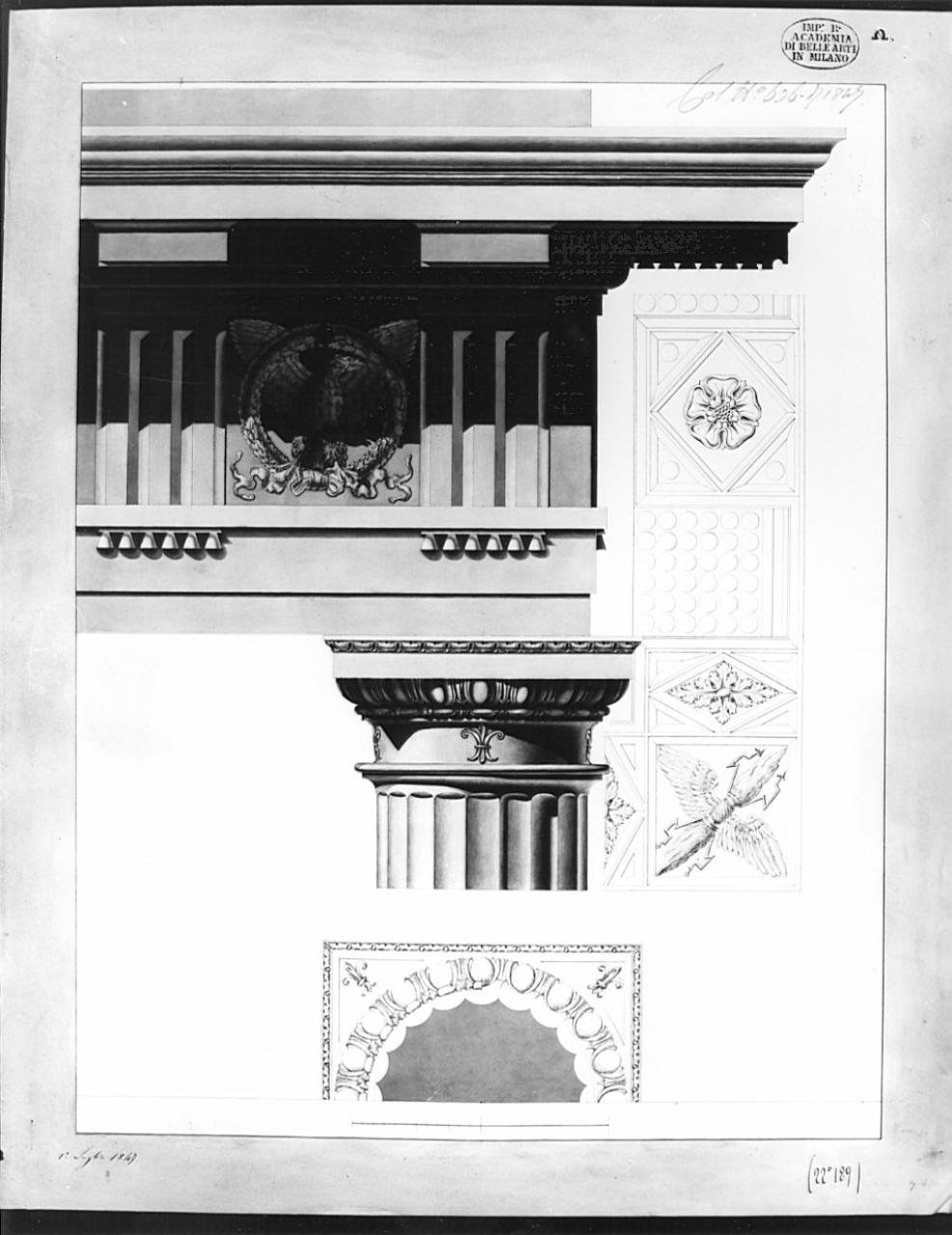 Capitelllo e trabeazione tuscanica, architettura: capitello e trabeazione tuscanica (dettagli) (disegno) di Ruggeri, Francesco (sec. XIX)