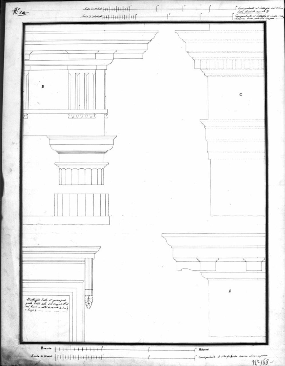 Progetto per bagni pubblici (trabeazione tuscanica), architettura: trabeazione tuscanica (dettagli) (disegno) di Lucini, Gaetano (sec. XIX)