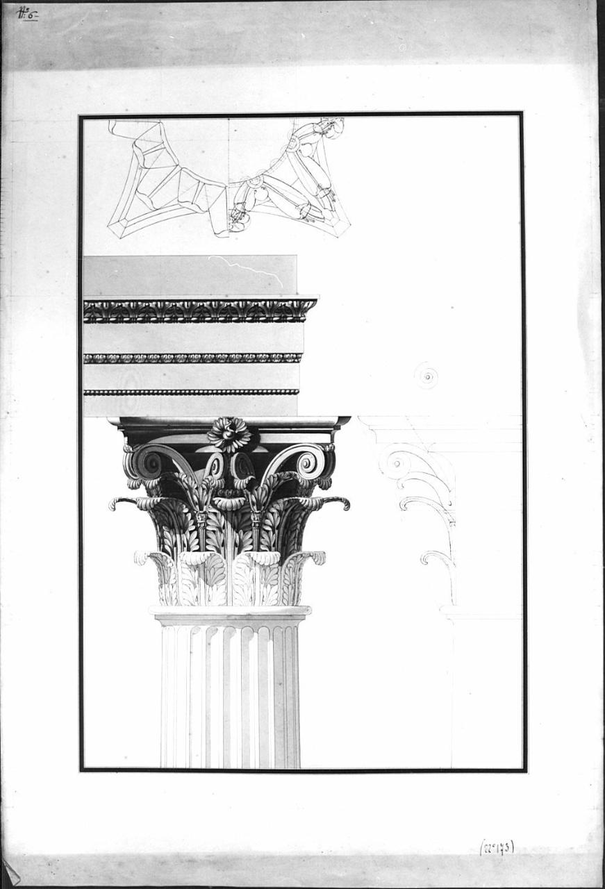 Capitello e trabeazione corinzia, architettura: capitello e trabeazione corinzia (dettagli) (disegno) di Lucini, Gaetano (sec. XIX)