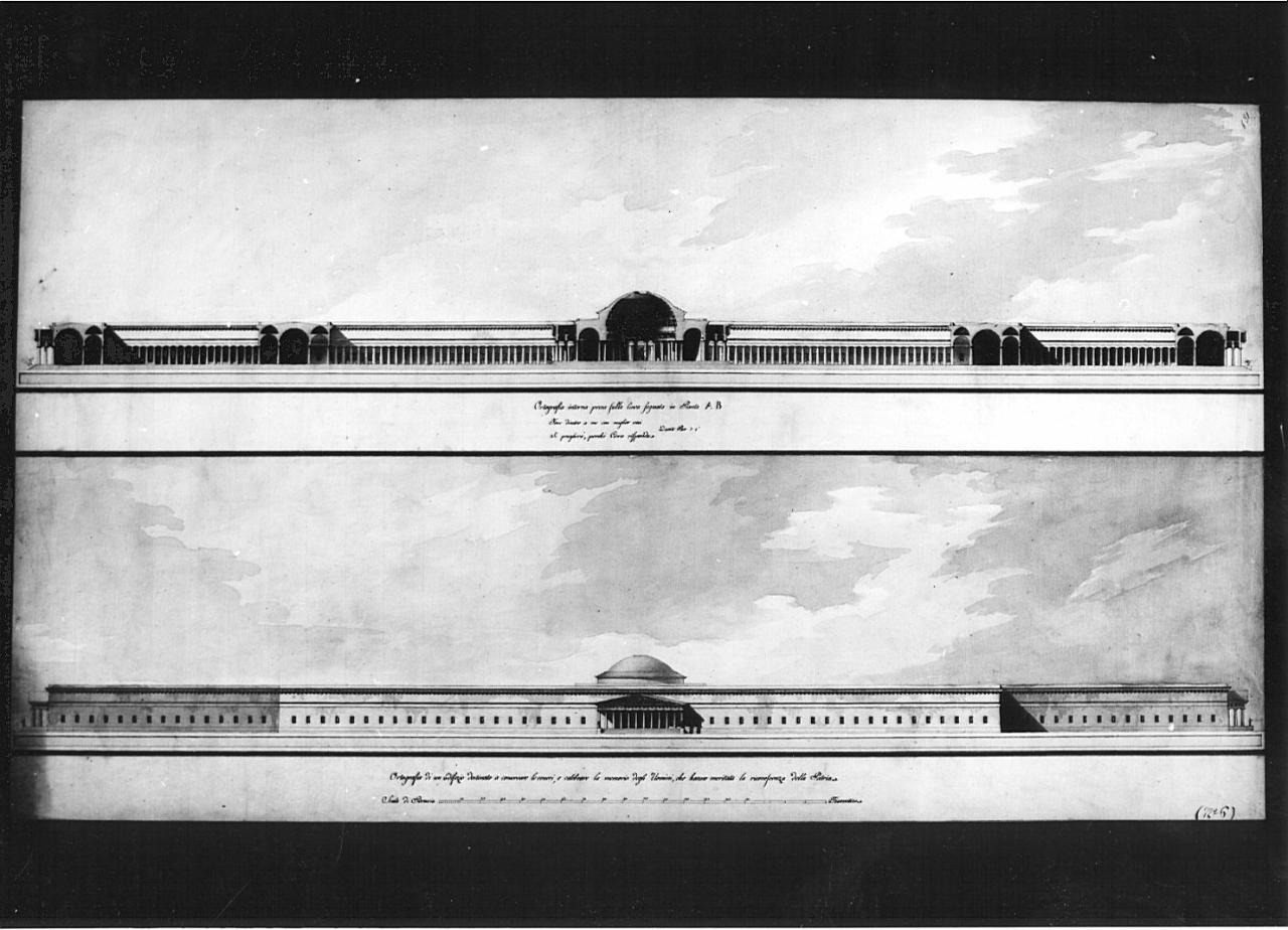 Edificio destinato a conservare le ceneri, a celebrare la memoria degli uomini, che hanno meritato la riconoscenza della patria, architettura: monumento (alzato e sezione) (disegno) - ambito italiano (sec. XIX)