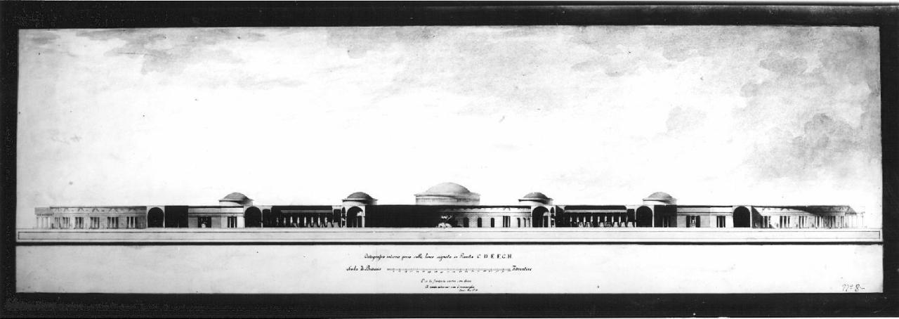 Un edifizio alla maniera degli antichi Musei Pitagorici Italiani, che conterrà quanto fa d'uopo alla istruzione delle Scienze, e delle Arti. Oltre i gabinetti scientifici, le biblioteche, le collezioni di statue, di quadri, di antichità, ed oltre..., architettura: Edificio alla maniera degli antichi Musei di Pitagorici Italiani (sezione) (disegno) - ambito italiano (sec. XIX)