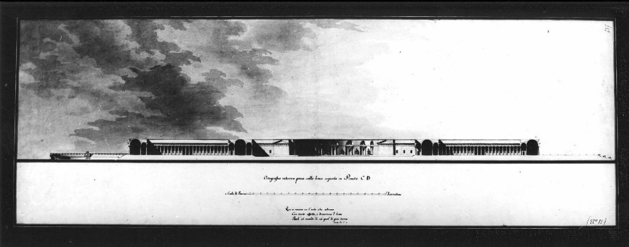 Un edifizio alla maniera degli antichi Musei Pitagorici Italiani, che conterrà quanto fa d'uopo alla istruzione delle Scienze, e delle Arti. Oltre i gabinetti scientifici, le biblioteche, le collezioni di statue, di quadri, di antichità, ed oltre..., architettura: Edificio alla maniera degli antichi Musei di Pitagorici Italiani (sezione) (disegno) - ambito italiano (sec. XIX)