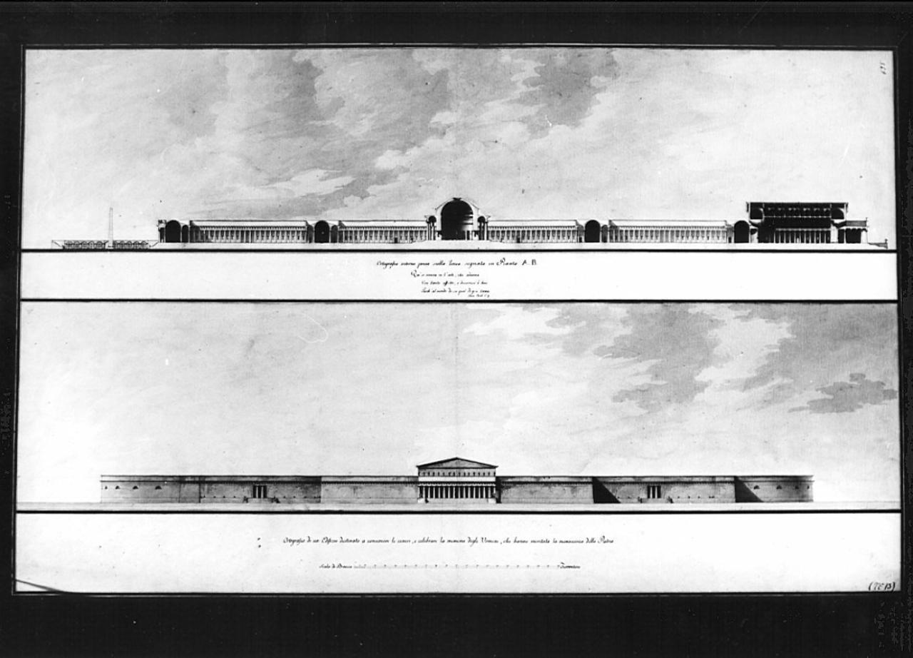 Un edifizio alla maniera degli antichi Musei Pitagorici Italiani, che conterrà quanto fa d'uopo alla istruzione delle Scienze, e delle Arti. Oltre i gabinetti scientifici, le biblioteche, le collezioni di statue, di quadri, di antichità, ed oltre..., architettura: Edificio alla maniera degli antichi Musei di Pitagorici Italiani (alzato e sezione) (disegno) - ambito italiano (sec. XIX)