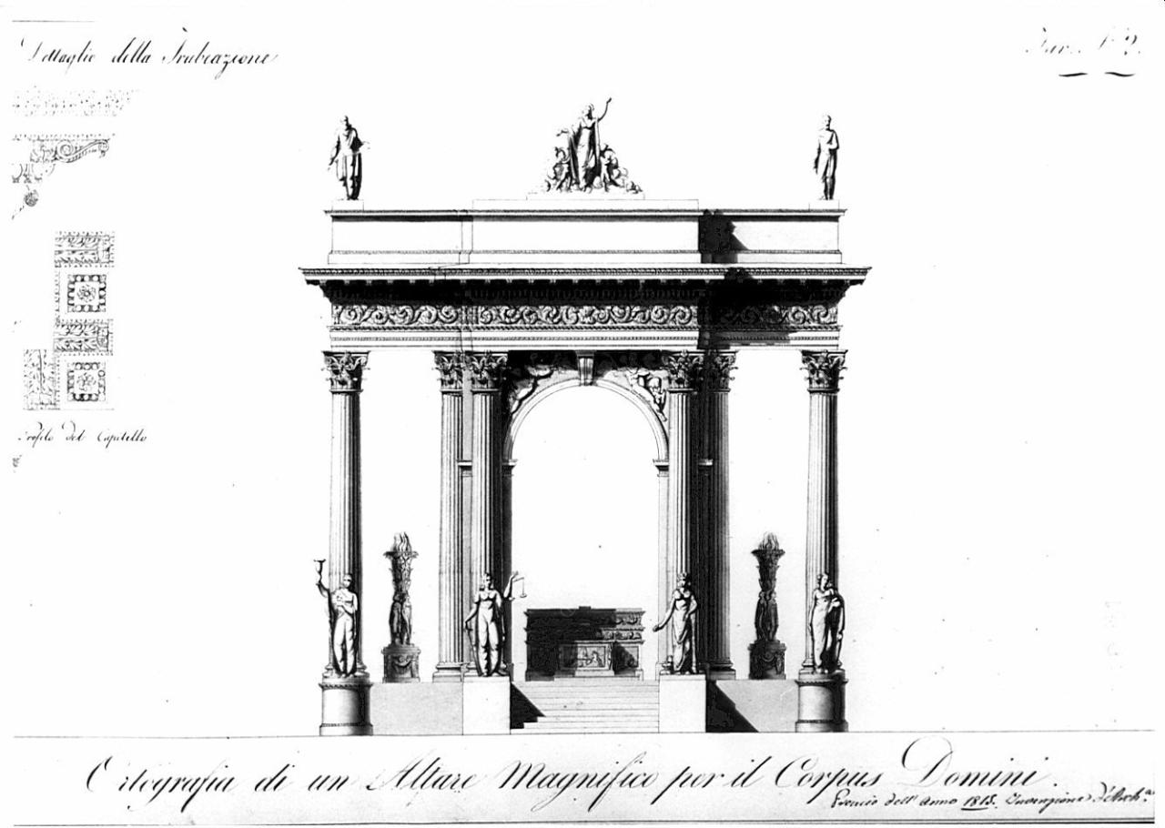 Progetto di un altare del Corpus Domini, architettura: altare del Corpus Domini (ortografia e dettagli della trabeazione) (disegno) di Arienti, Mosè (sec. XIX)