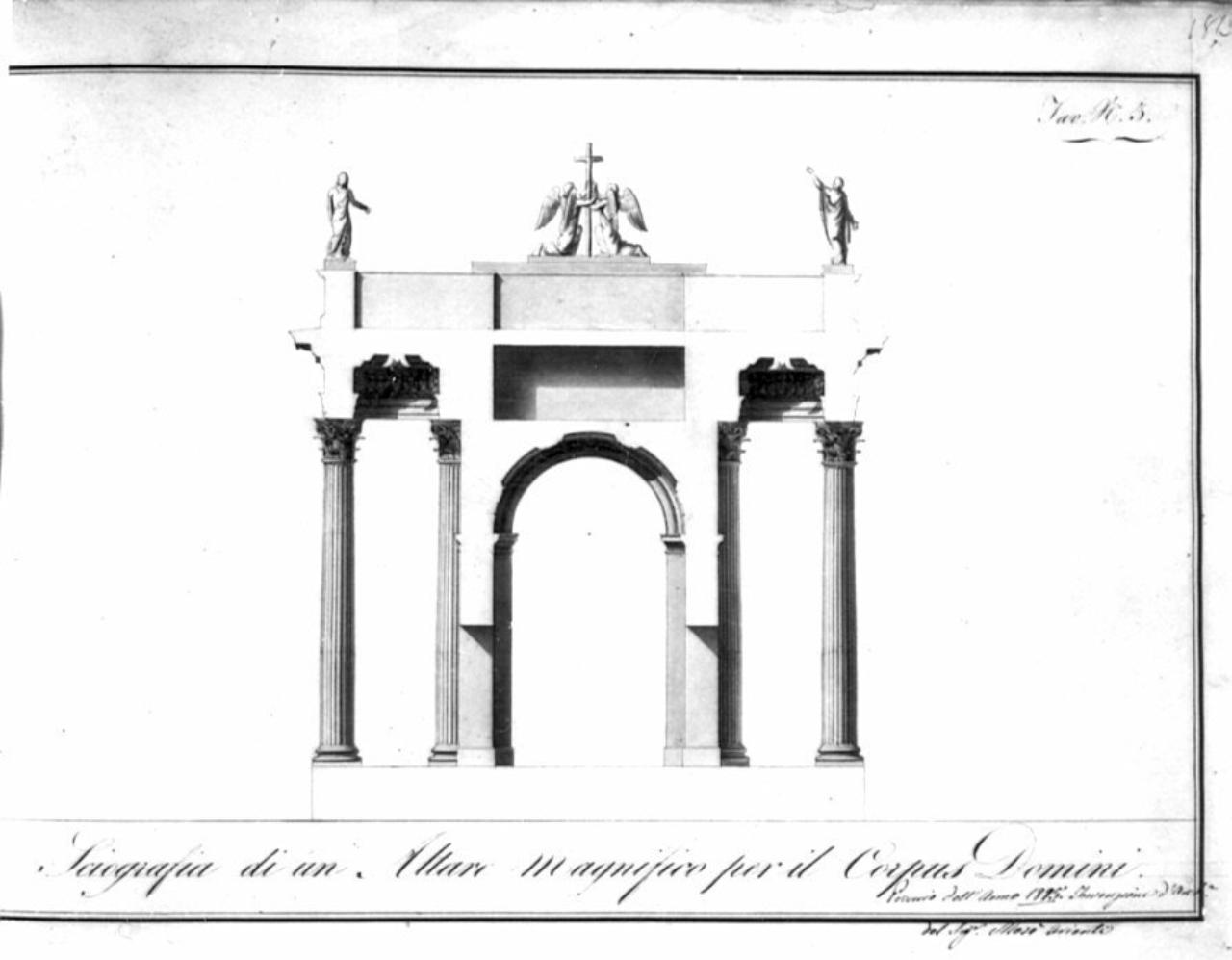 Progetto di un altare del Corpus Domini, architettura: altare del Corpus Domini (sezione) (disegno) di Arienti, Mosè (sec. XIX)
