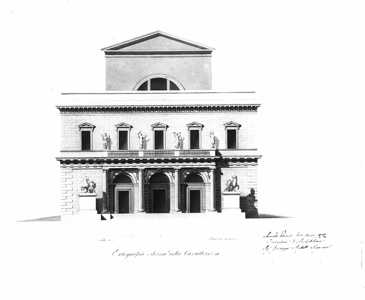 Progetto di cavallerizza, architettura: cavallerizza (prospetto) (disegno) di Righetti, Giuseppe (sec. XIX)