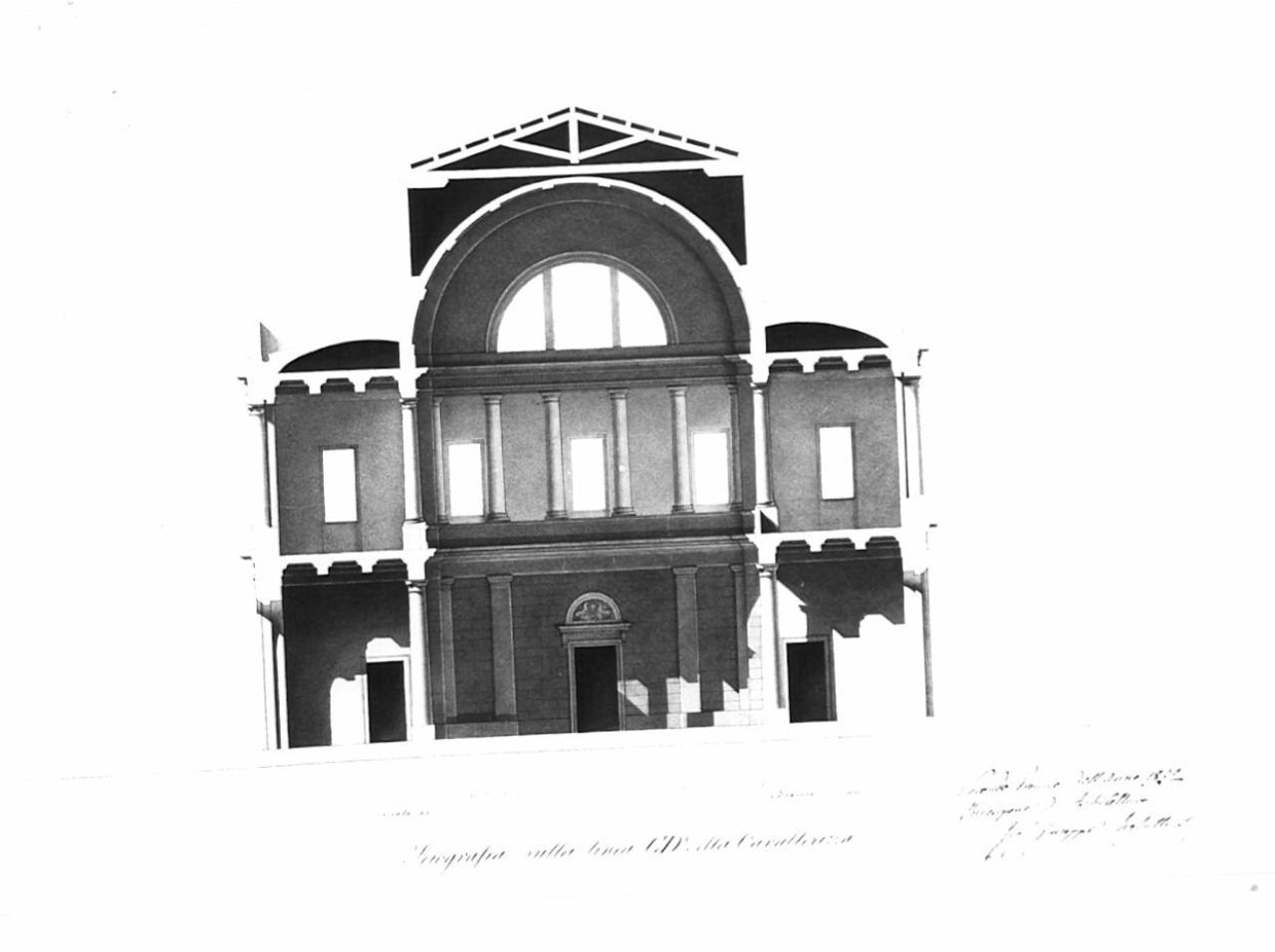 Progetto di cavallerizza, architettura: cavallerizza (sezione trasversale) (disegno) di Righetti, Giuseppe (sec. XIX)