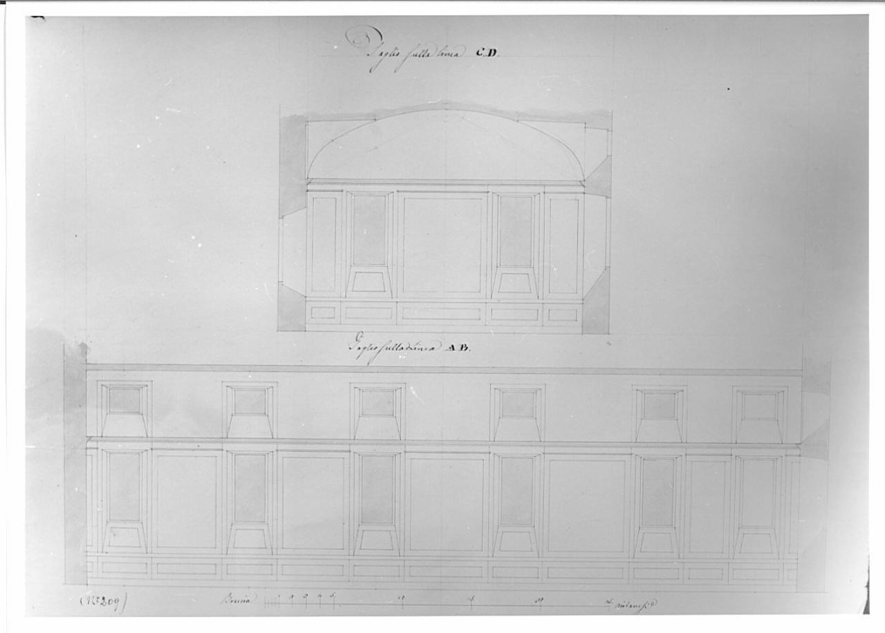 Progetto per la Sala Napoleonica del Palazzo di Brera, architettura: Sala Napoleonica (sezioni) (disegno) - ambito italiano (sec. XIX)