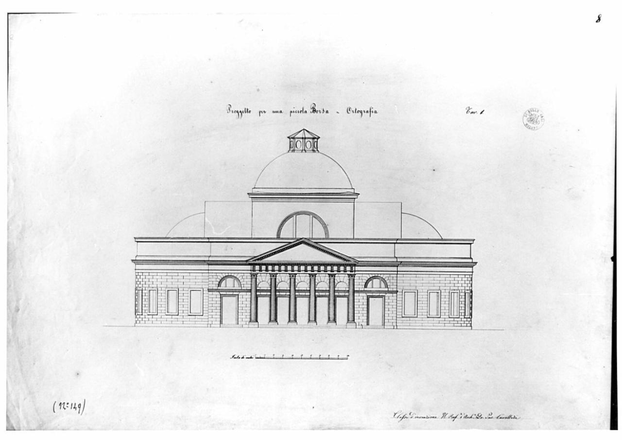 Progetto di piccola borsa con sale e lunghi accessori di servizio, architettura: Borsa (prospetto) (disegno) - Scuola di architettura dell'Accademia di Brera (sec. XIX)