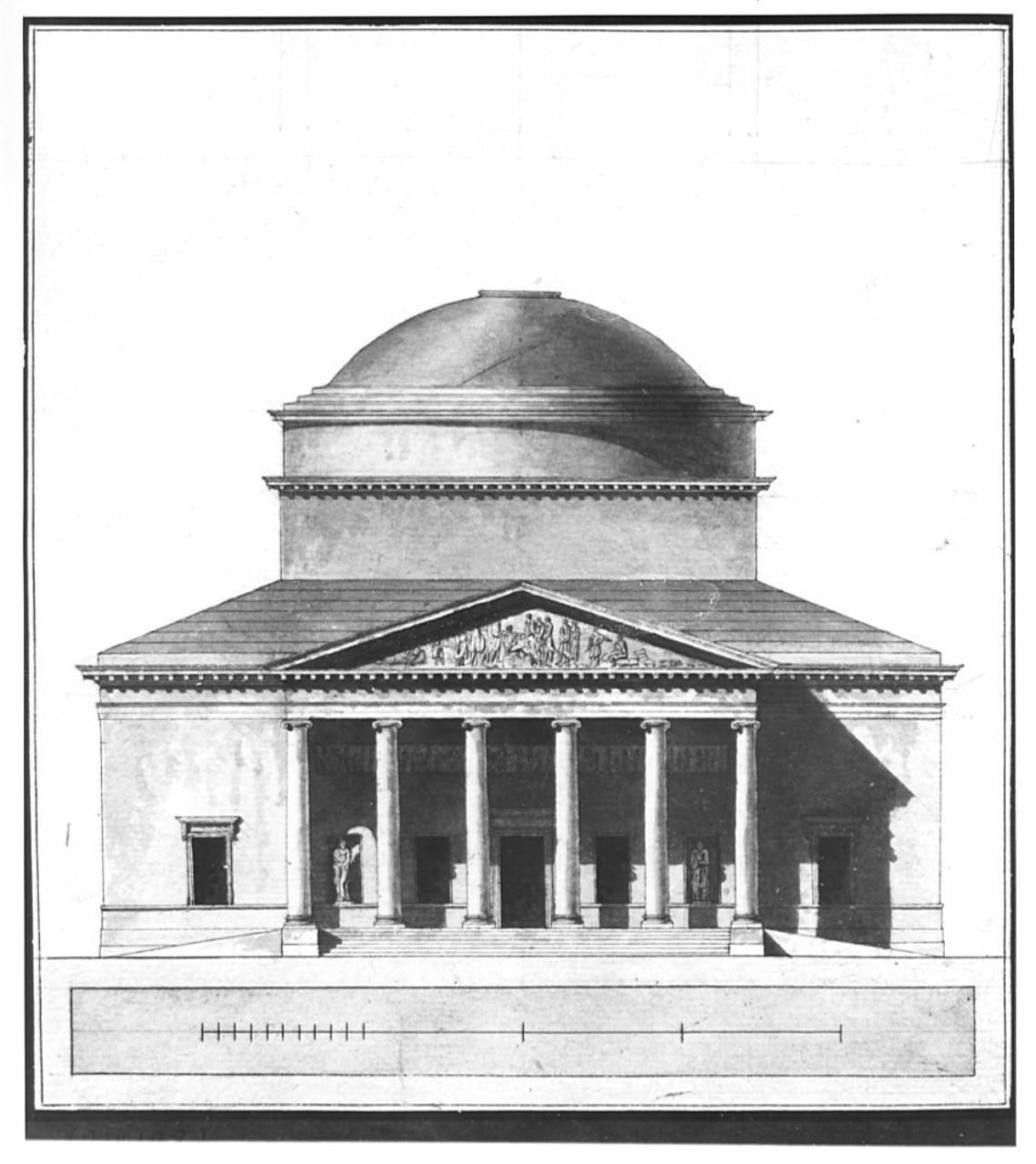 Progetto per edificio a pianta centrale, architettura: edificio a pianta centrale (prospetto) (disegno) - ambito italiano (sec. XIX)