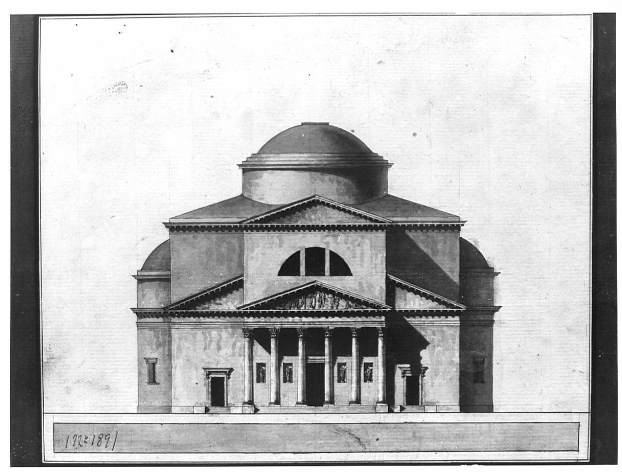 Progetto per edificio a pianta centrale, architettura: edificio a pianta centrale (prospetto) (disegno) - ambito italiano (sec. XIX)