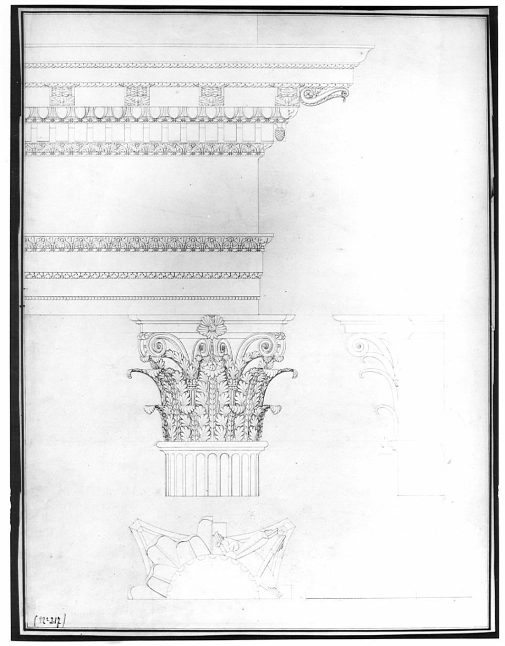 Capitello corinzio, architettura: capitello corinzio (pianta, alzato e sezione) (disegno) - Scuola di architettura dell'Accademia di Brera (sec. XIX)