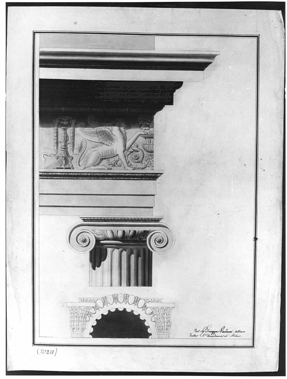 Trabeazione ionica, architettura: trabeazione ionica (pianta e alzato) (disegno) di Vannoni, Giuseppe (sec. XIX)