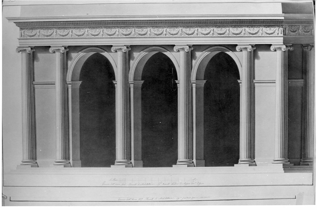 Portico ionico, architettura: portico ionico (prospetto) (disegno) di Andina, Onorato (sec. XIX)