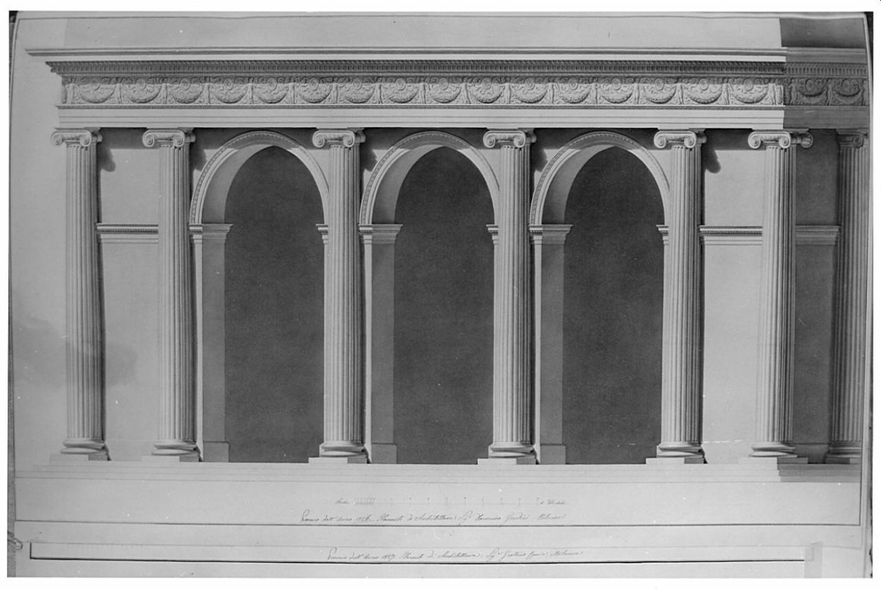 Portico ionico, architettura: portico ionico (prospetto in fuori angolo) (disegno) di Gandini, Domenico (sec. XIX)