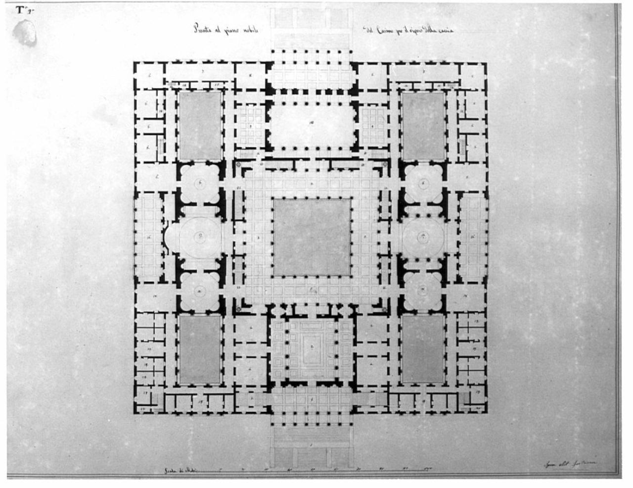 Casino di riposo di caccia per un principe Sovrano, architettura: Casino di caccia (pianta del piano nobile) (disegno) di Visioli, Carlo Domenico (sec. XIX)