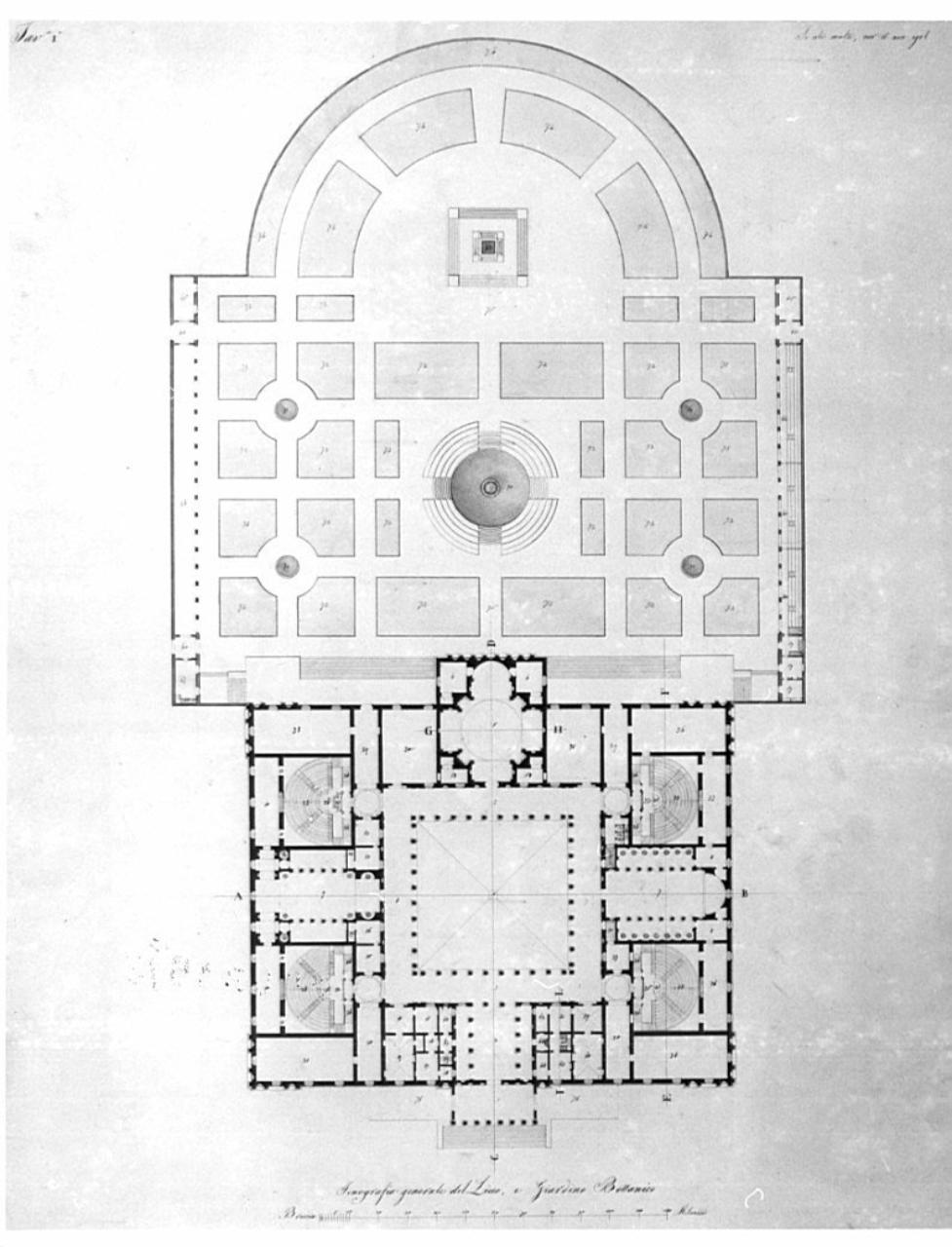 Un liceo per l'istruzione di 400 individui da erigersi in una città capitale, architettura: Liceo (pianta) (disegno) di Caronesi, Ferdinando (sec. XIX)