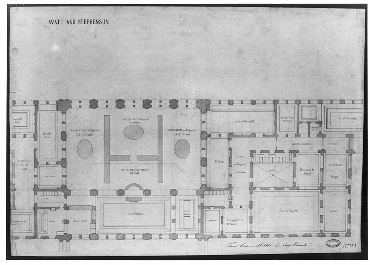 Stazione di prima classe, intermedia ad una grande linea di strada ferrata, architettura: stazione di prima classe (pianta parziale) (disegno) di Toniato, Luigi (sec. XIX)