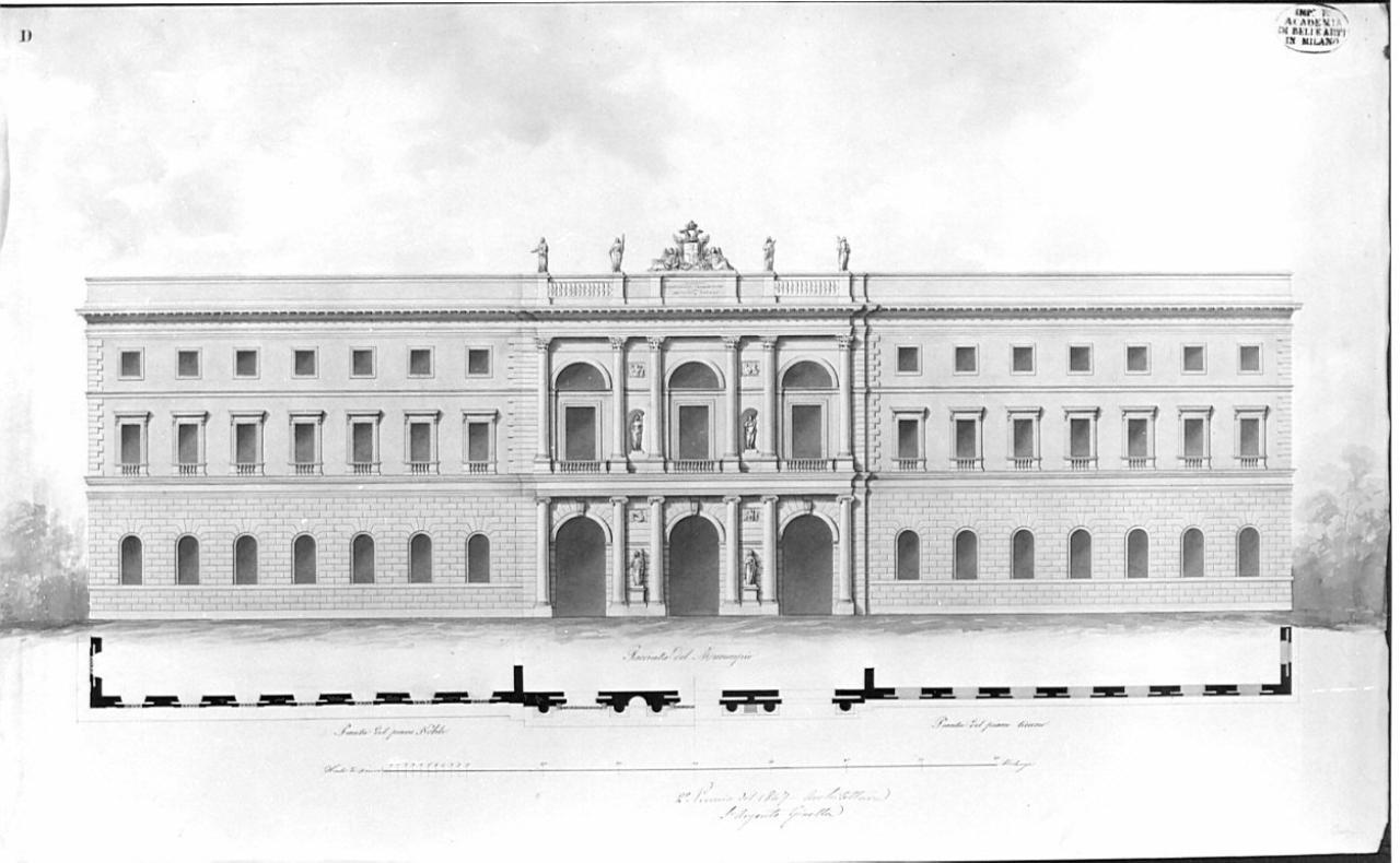 Progetto di facciata di un Municipio di una ricca città, architettura: facciata di municipio (prospetto e pianta) (disegno) di Ginella, Argento (sec. XIX)
