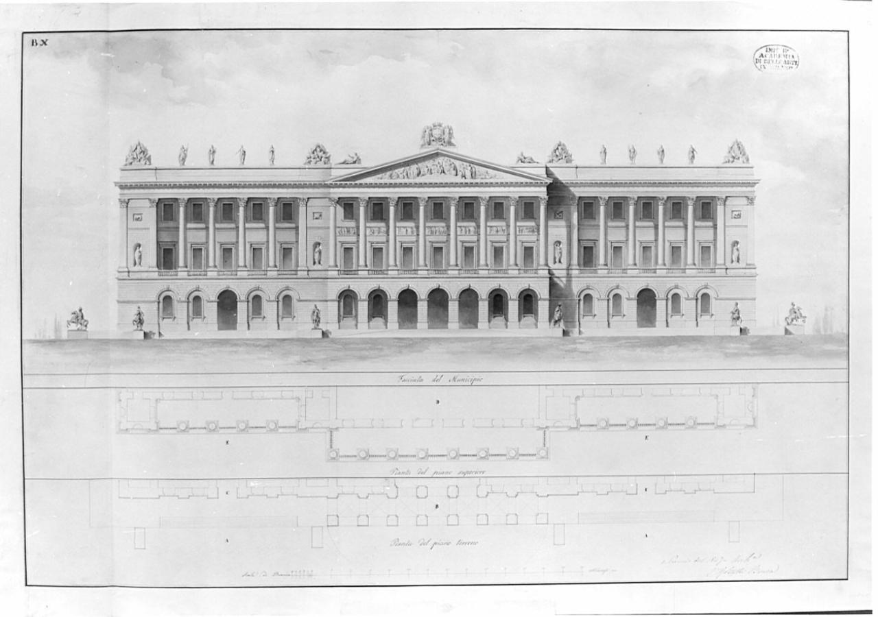 Progetto di facciata di un Municipio, architettura: facciata di un municipio (prospetto e sezioni) (disegno) di Brusa, Giovanni Battista (sec. XIX)