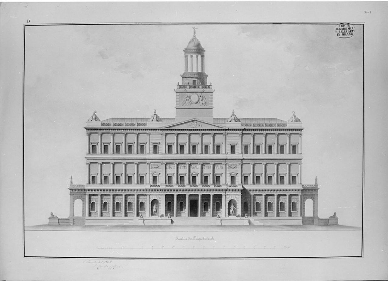 Progetto di municipio: facciata per un edificio a due piani:, architettura: facciata di un palazzo municipale (prospetto) (disegno) di Calzini, Cornelio (sec. XIX)