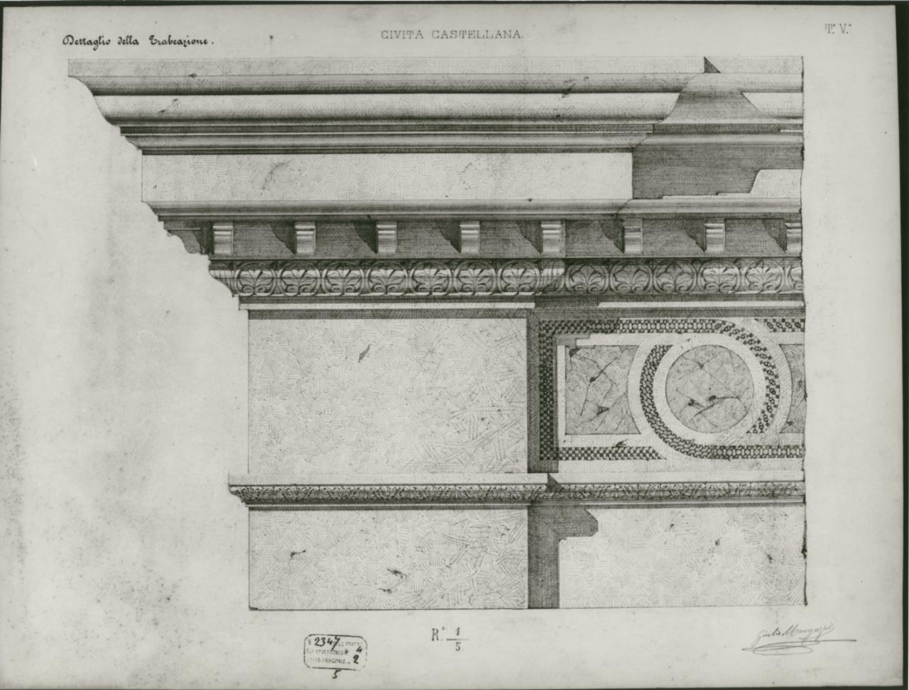 Rilievo della Cattedrale di Civita Castellana, architettura: Cattedrale di Civita Castellana (particolare trabeazione) (disegno) di Monguzzi, Giulio (sec. XIX)