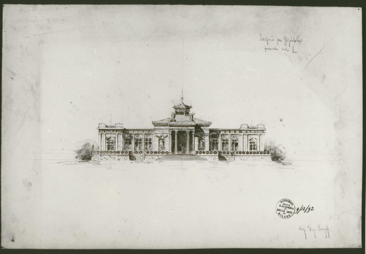 Progetto di una gliptoteca (prospetto frontale), progetto di una gliptoteca (disegno) di Brioschi, Diego (sec. XIX)