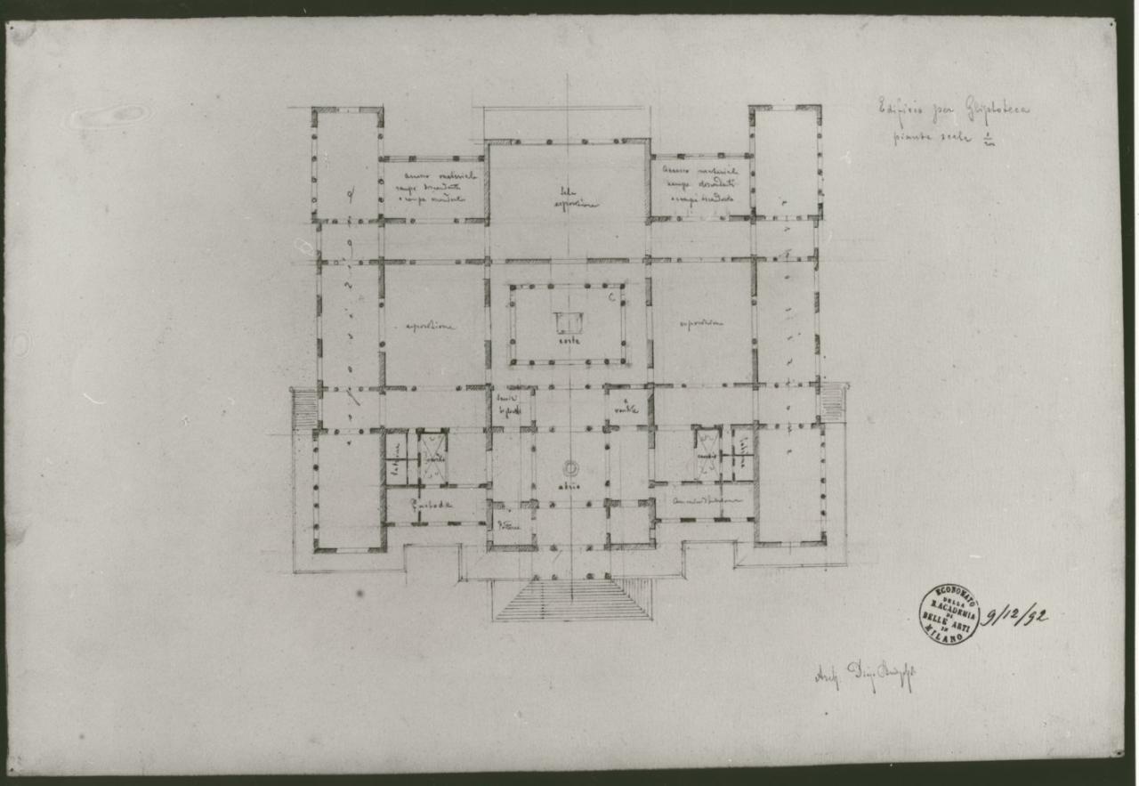 Progetto di una gliptoteca (pianta), progetto di una gliptoteca (disegno) di Brioschi, Diego (sec. XIX)