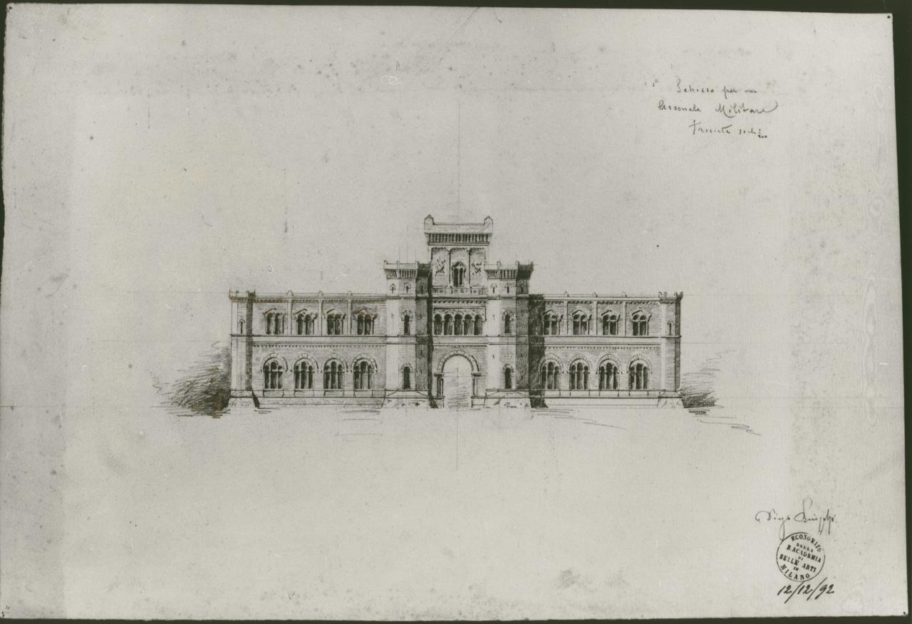 Progetto di un arsenale militare (prospetto frontale), progetto di un arsenale militare (disegno) di Brioschi, Diego (sec. XIX)