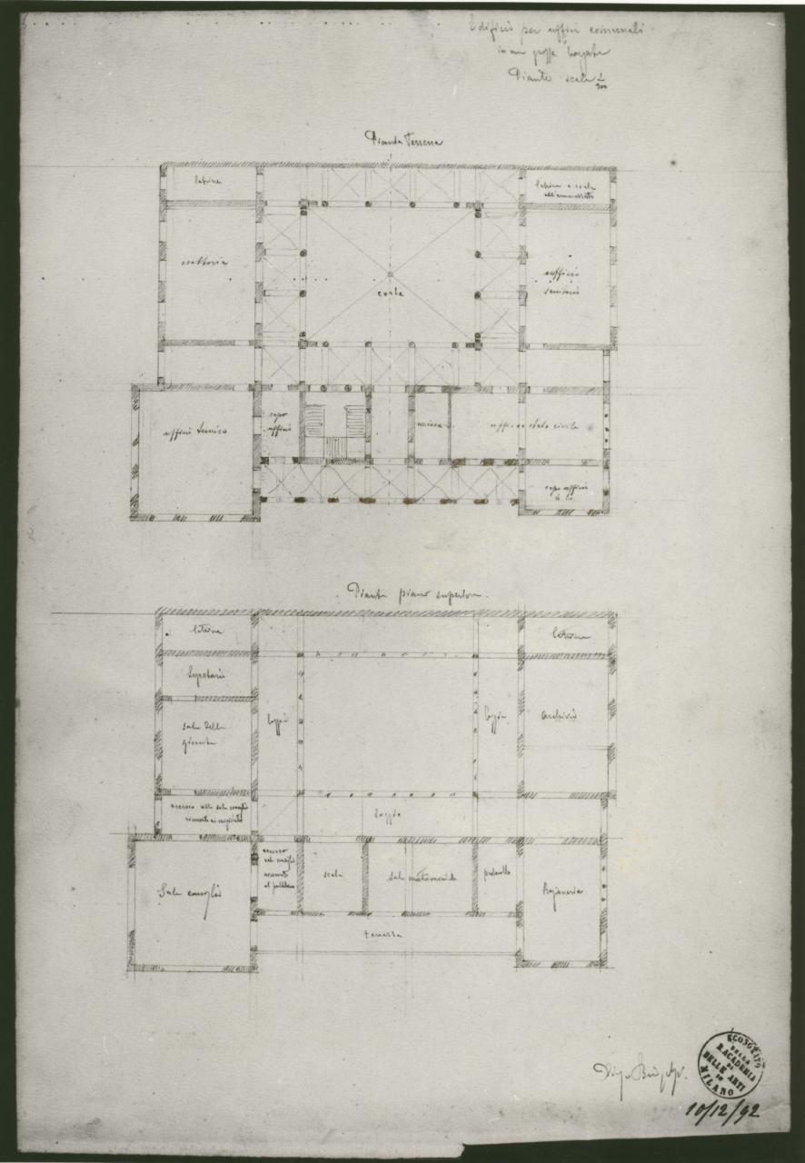 Progetto di un edificio per uffici comunali in una grossa borgata (piante), progetto di un edificio per uffici comunali (disegno) di Brioschi, Diego (sec. XIX)