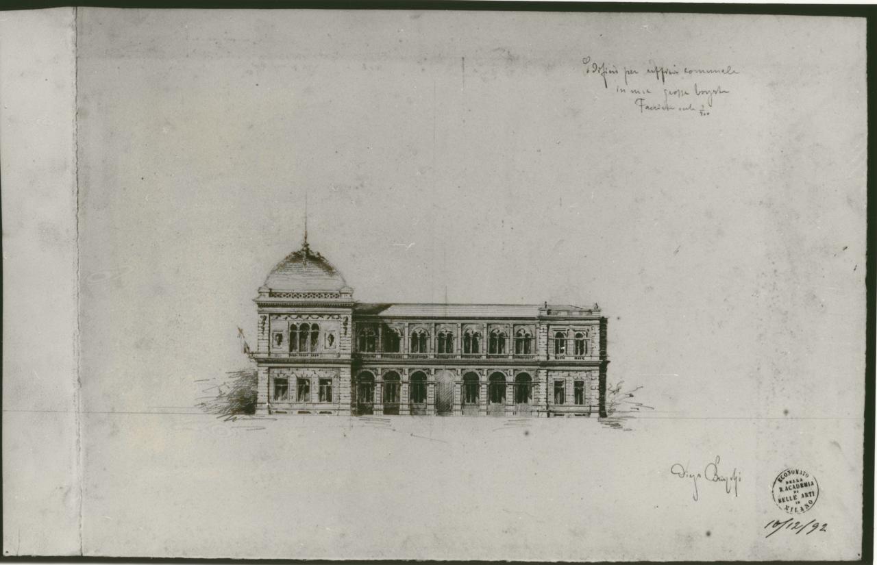 Progetto di un edificio per uffici comunali in una grossa borgata (prospetto frontale), progetto di un edificio per uffici comunali (disegno) di Brioschi, Diego (sec. XIX)