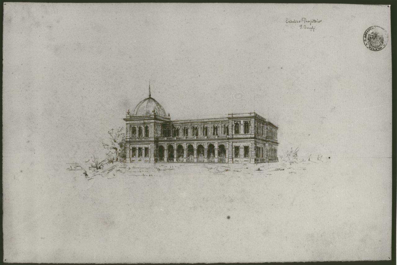 Progetto di un edificio per uffici comunali in una grossa borgata (prospettiva), progetto di un edificio per uffici comunali (disegno) di Brioschi, Diego (sec. XIX)