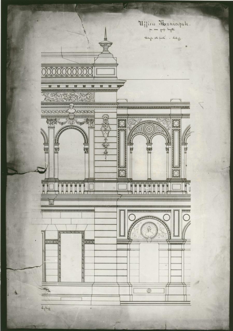 Ufficio Municipale per una grossa borgata (dettaglio), progetto di un edificio per uffici comunali (disegno) di Brioschi, Diego (sec. XIX)