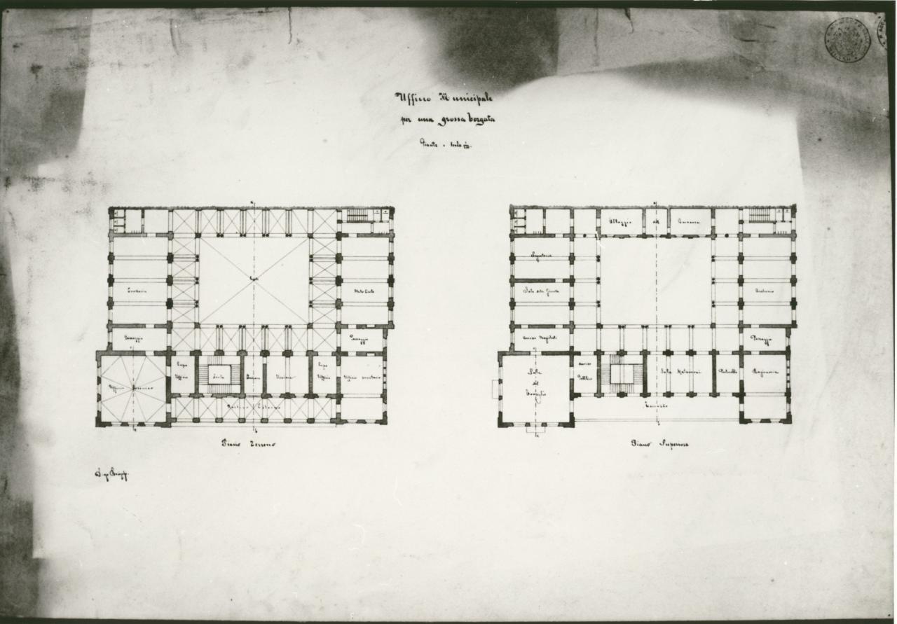 Ufficio Municipale per una grossa borgata (piante), progetto di un edificio per uffici comunali (disegno) di Brioschi, Diego (sec. XIX)