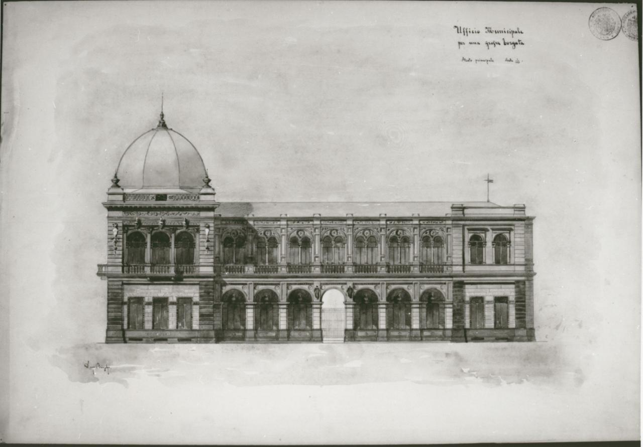 Ufficio Municipale per una grossa borgata (prospetto frontale), progetto di un edificio per uffici comunali (disegno) di Brioschi, Diego (sec. XIX)