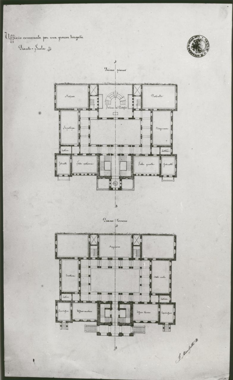 Ufficio comunale per una grossa borgata (piante), progetto di un edificio per uffici comunali (disegno) di Marchetti di Montestrutto, Conte Ippolito (sec. XIX)