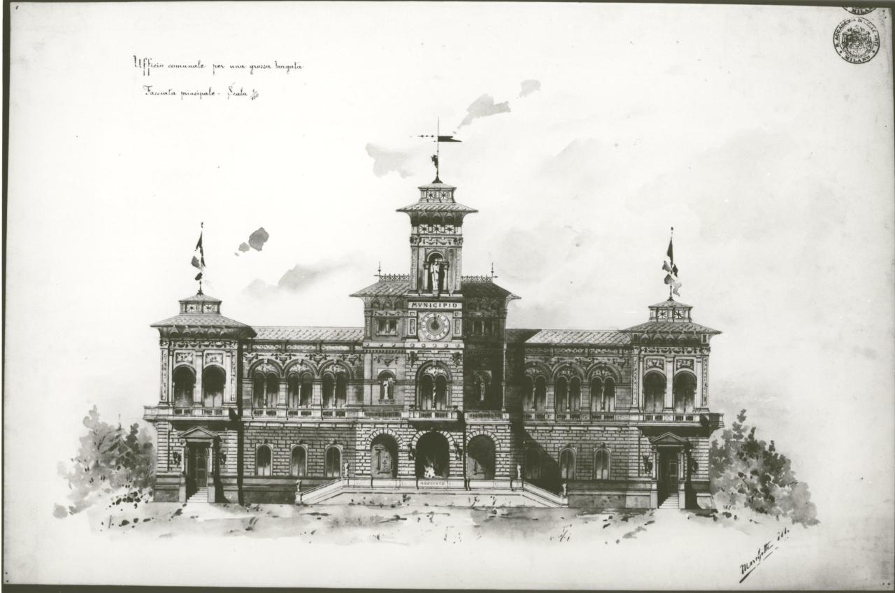 Ufficio comunale per una grossa borgata (prospetto frontale), progetto di un edificio per uffici comunali (disegno) di Marchetti di Montestrutto, Conte Ippolito (sec. XIX)