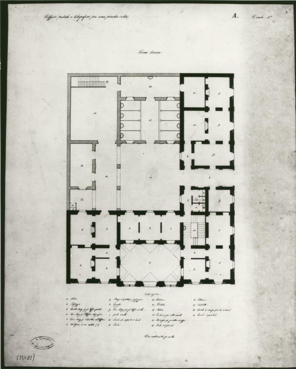 Ufficio postale e telegrafico per una piccola città, architettura: Posta (pianta) (disegno) - ambito milanese (sec. XIX)