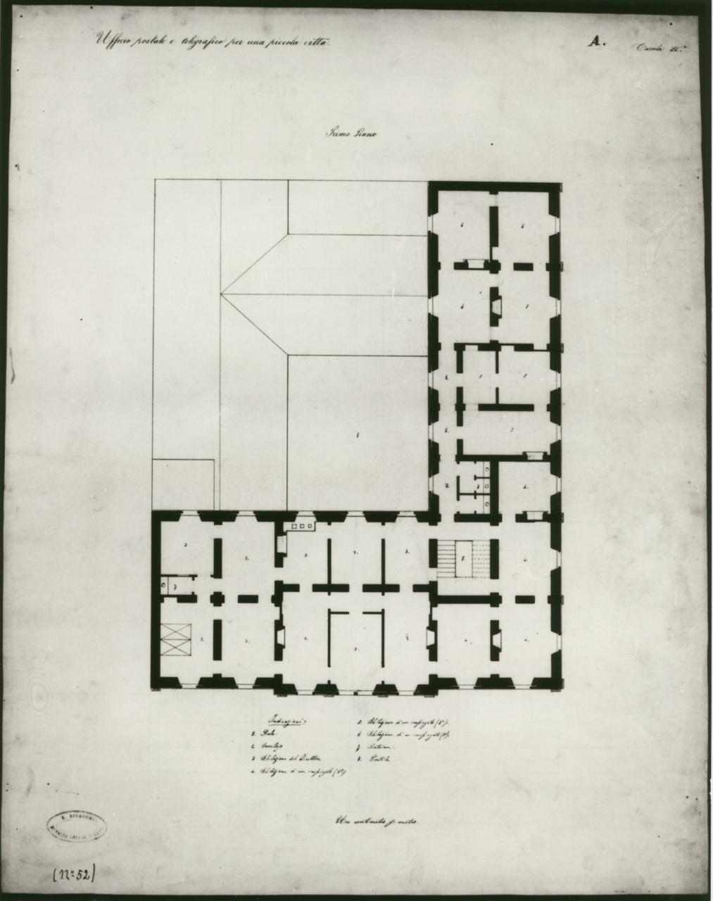 Ufficio postale e telegrafico per una piccola città, architettura: Posta (pianta del primo piano) (disegno) - ambito milanese (sec. XIX)