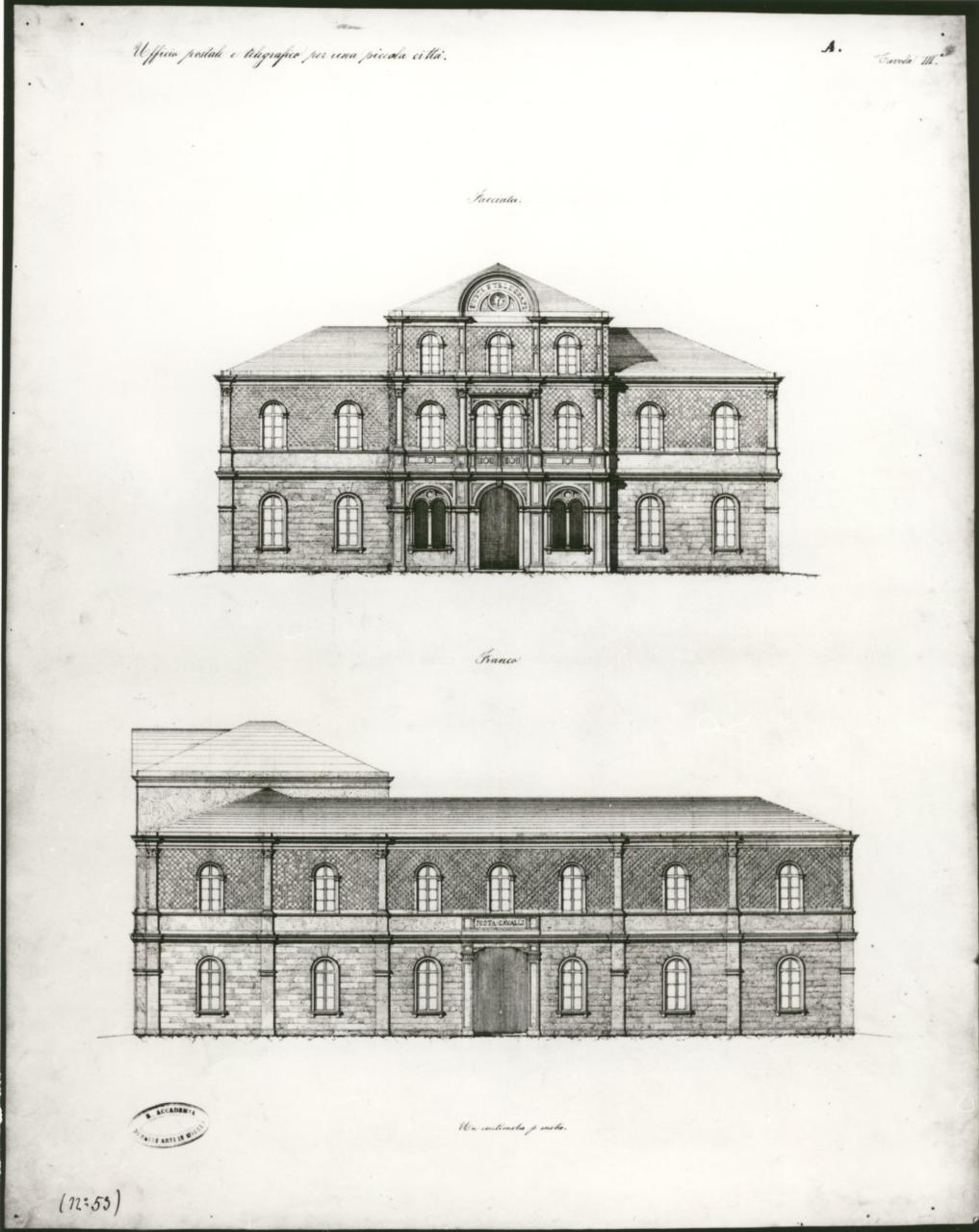 Ufficio postale e telegrafico per una piccola città, architettura: Posta (prospetto e fianco) (disegno) - ambito milanese (sec. XIX)
